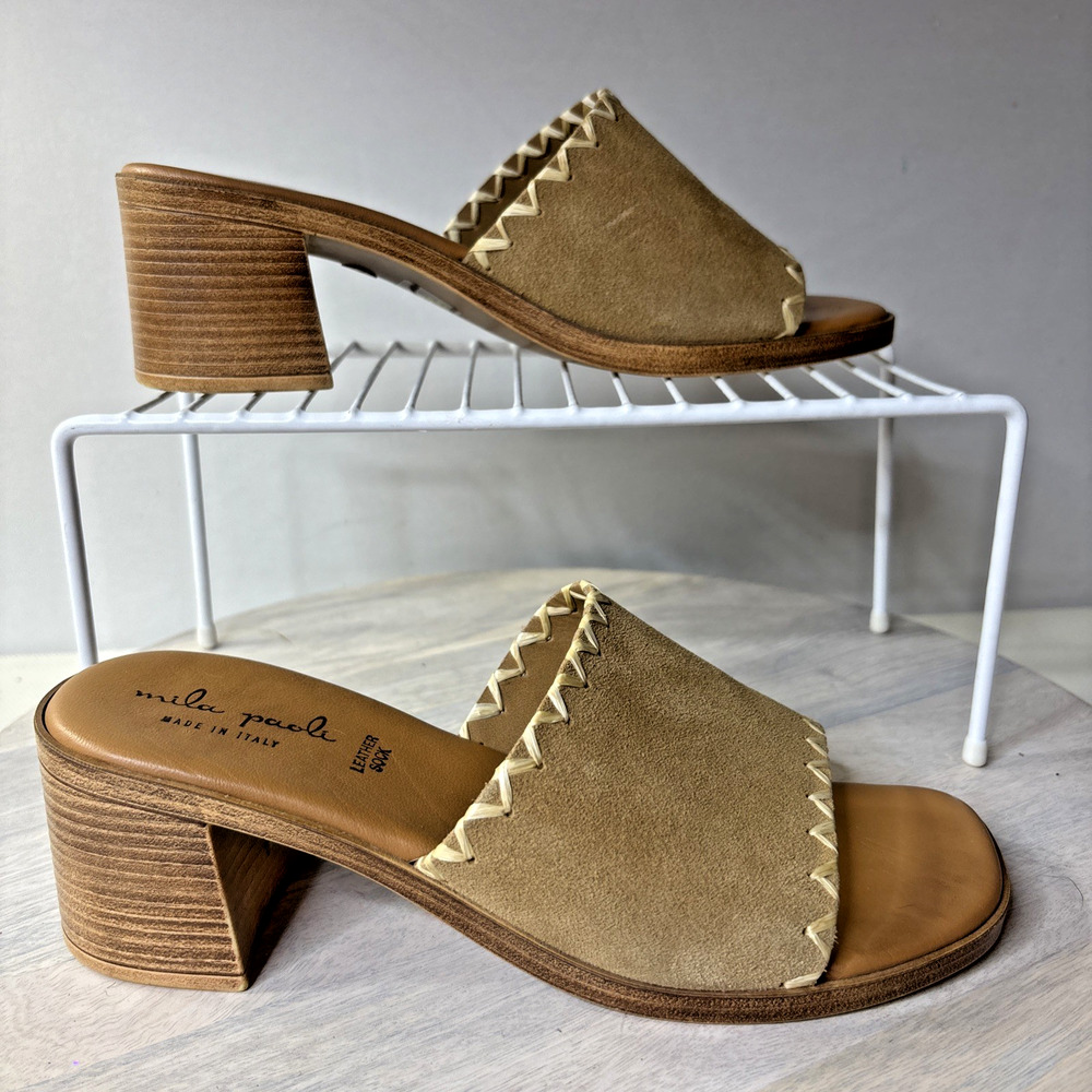 Mila Paoli Tan Suede Zigzag Stitched Slide Mules Block Heel Made In Italy 7.5